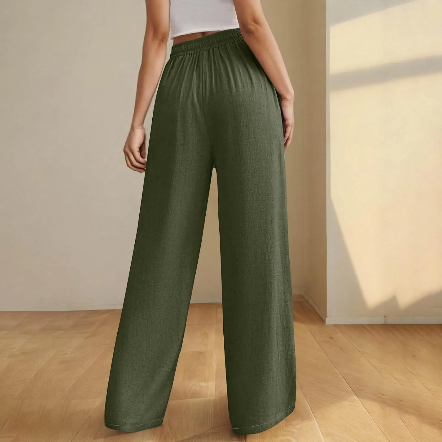 Womens Cotton Linen Wide Leg Pants Back Elastic Waist Flowy Pants with Side Pockets Casual Baggy Palazzo Trousers