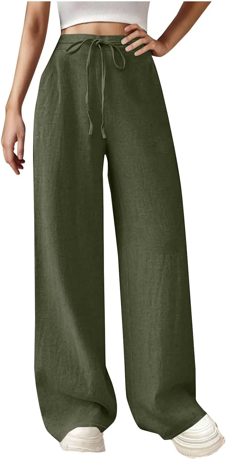 Womens Cotton Linen Wide Leg Pants Back Elastic Waist Flowy Pants with Side Pockets Casual Baggy Palazzo Trousers