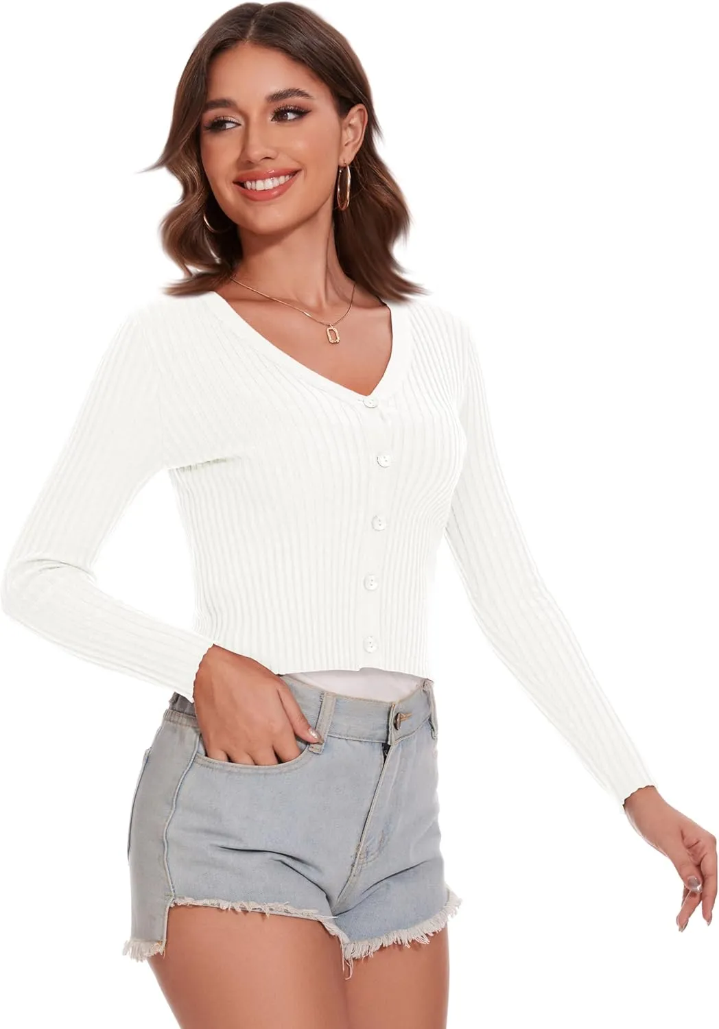 Women's Cropped Cardigan V Neck Long Sleeve Button Down Ribbed Knit Shrug Sweaters