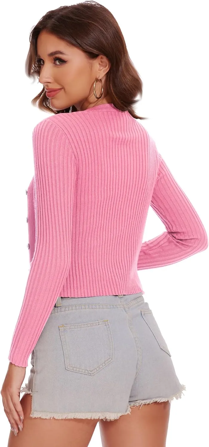 Women's Cropped Cardigan V Neck Long Sleeve Button Down Ribbed Knit Shrug Sweaters