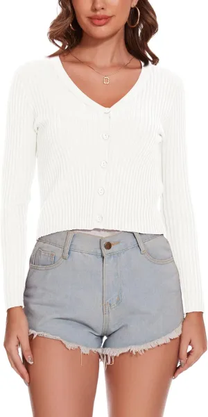 Women's Cropped Cardigan V Neck Long Sleeve Button Down Ribbed Knit Shrug Sweaters