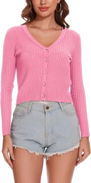 Women's Cropped Cardigan V Neck Long Sleeve Button Down Ribbed Knit Shrug Sweaters