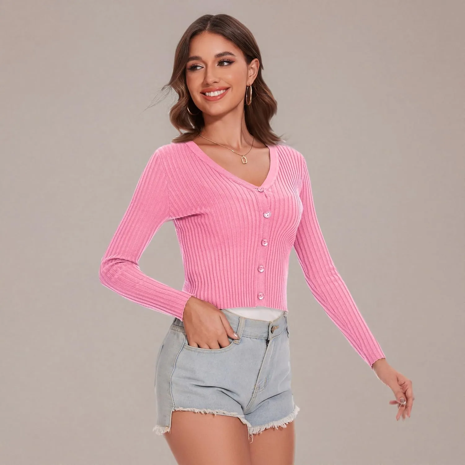 Women's Cropped Cardigan V Neck Long Sleeve Button Down Ribbed Knit Shrug Sweaters