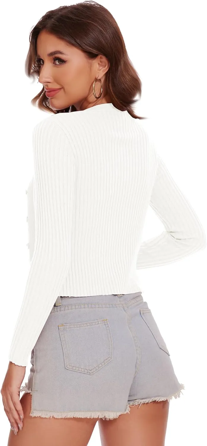 Women's Cropped Cardigan V Neck Long Sleeve Button Down Ribbed Knit Shrug Sweaters