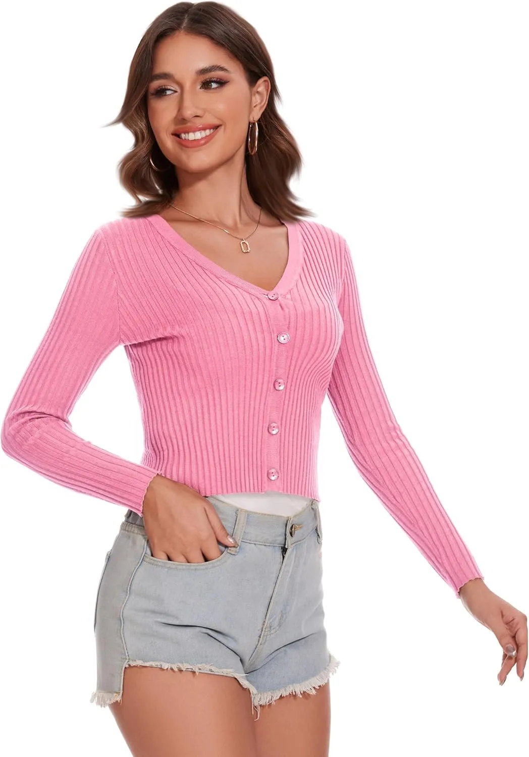 Women's Cropped Cardigan V Neck Long Sleeve Button Down Ribbed Knit Shrug Sweaters