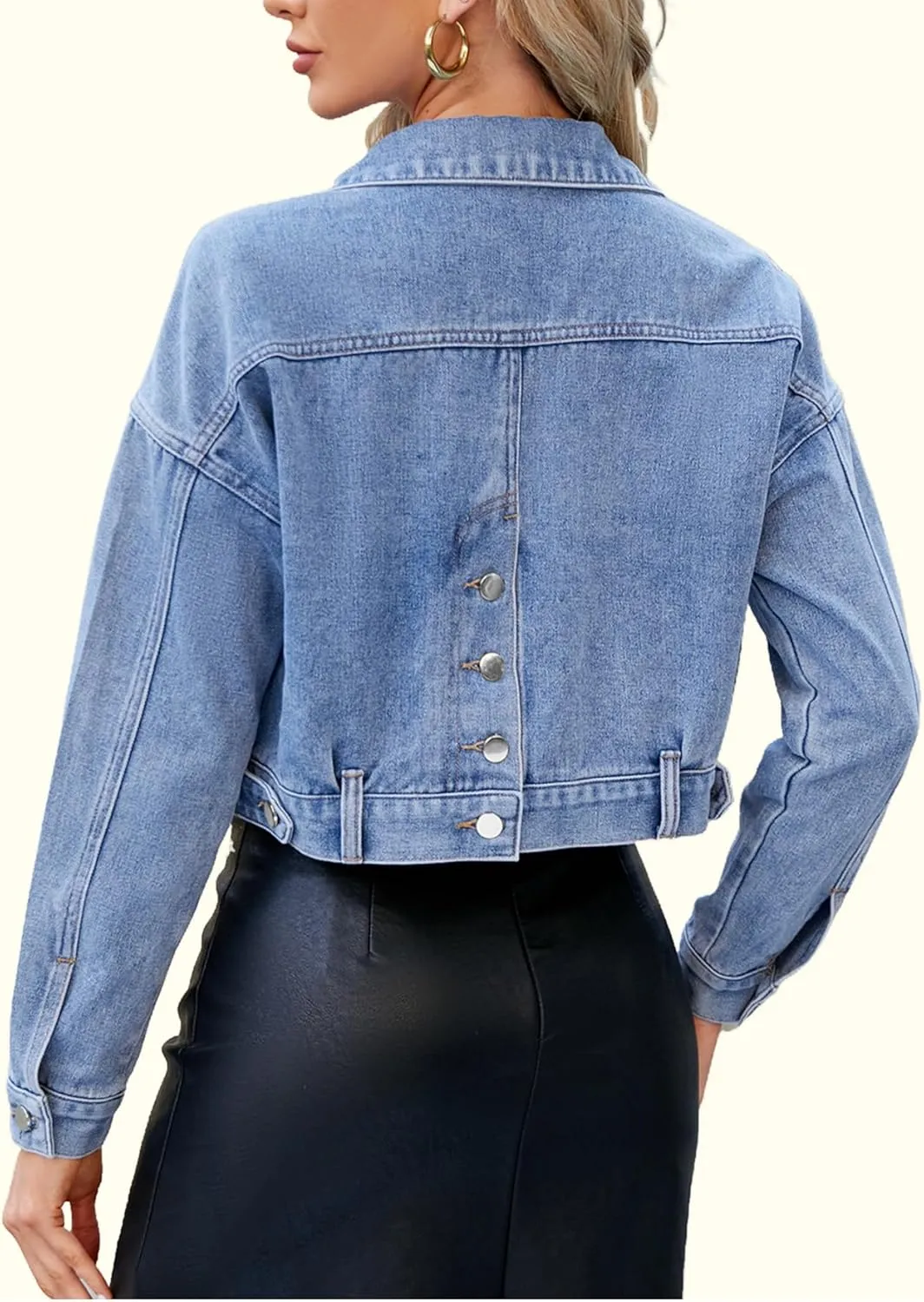 Women's Cropped Denim Jacket Long Sleeve Button Down Basic Classic Jean Jacket