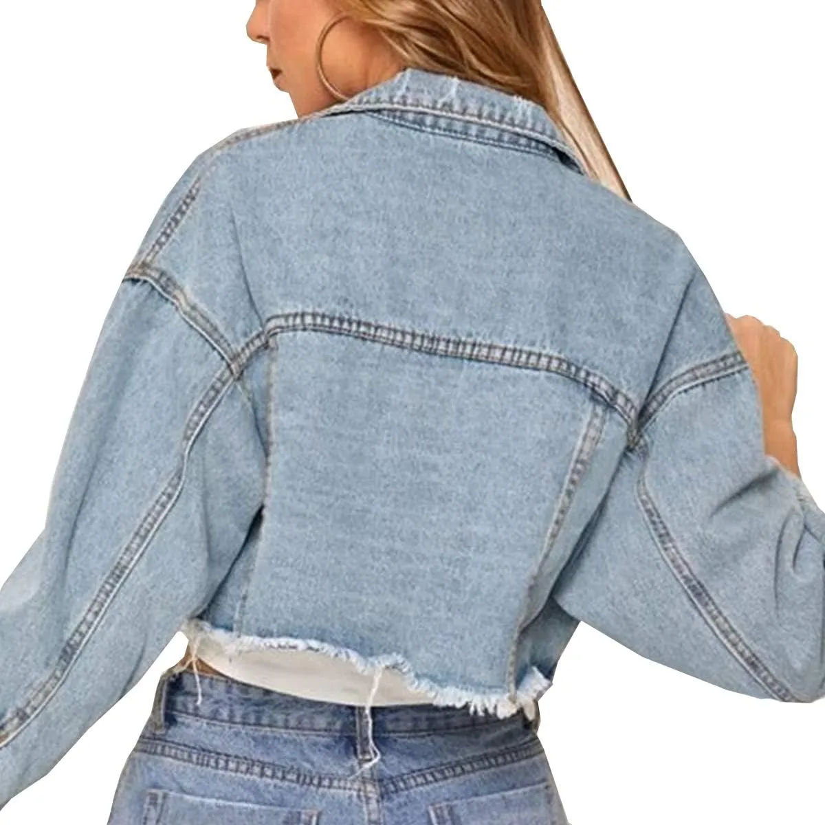 Women's Cropped Denim Jacket Long Sleeve Button Down Basic Classic Jean Jacket