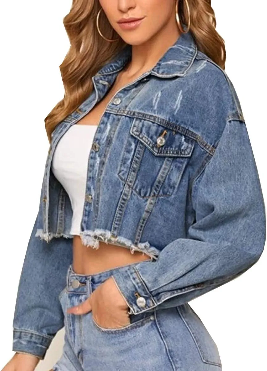 Women's Cropped Denim Jacket Long Sleeve Button Down Basic Classic Jean Jacket