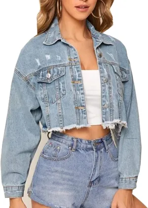 Women's Cropped Denim Jacket Long Sleeve Button Down Basic Classic Jean Jacket