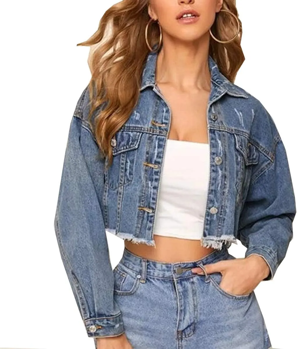Women's Cropped Denim Jacket Long Sleeve Button Down Basic Classic Jean Jacket