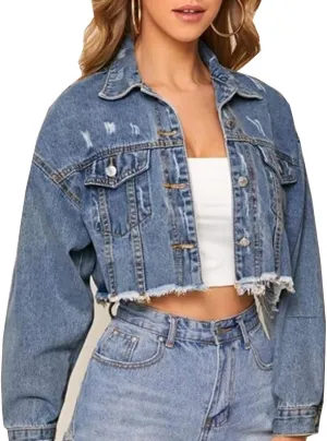 Women's Cropped Denim Jacket Long Sleeve Button Down Basic Classic Jean Jacket