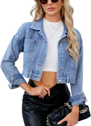Women's Cropped Denim Jacket Long Sleeve Button Down Basic Classic Jean Jacket