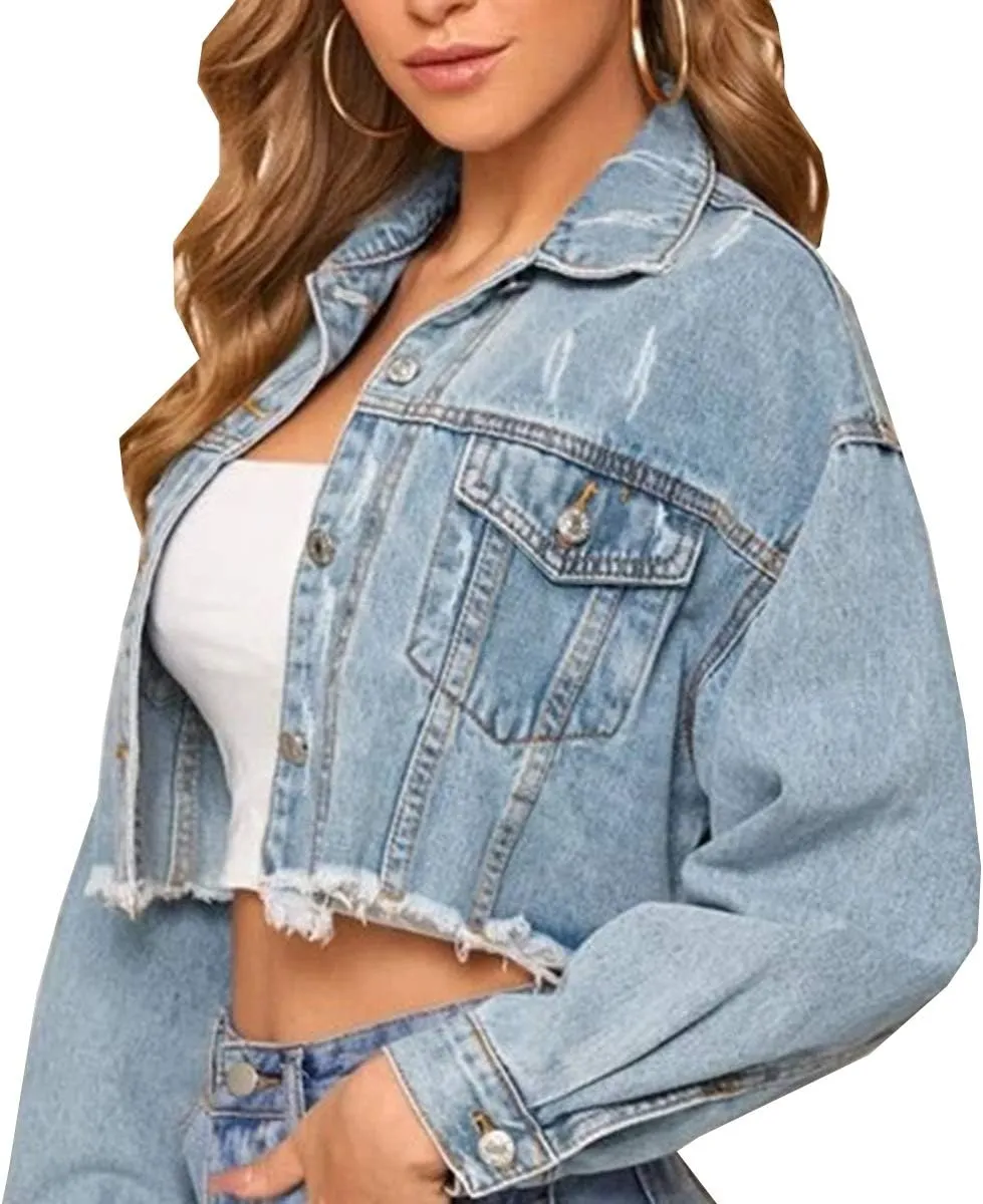 Women's Cropped Denim Jacket Long Sleeve Button Down Basic Classic Jean Jacket