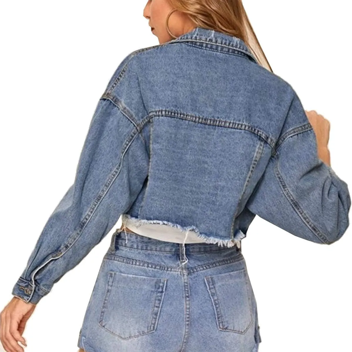 Women's Cropped Denim Jacket Long Sleeve Button Down Basic Classic Jean Jacket