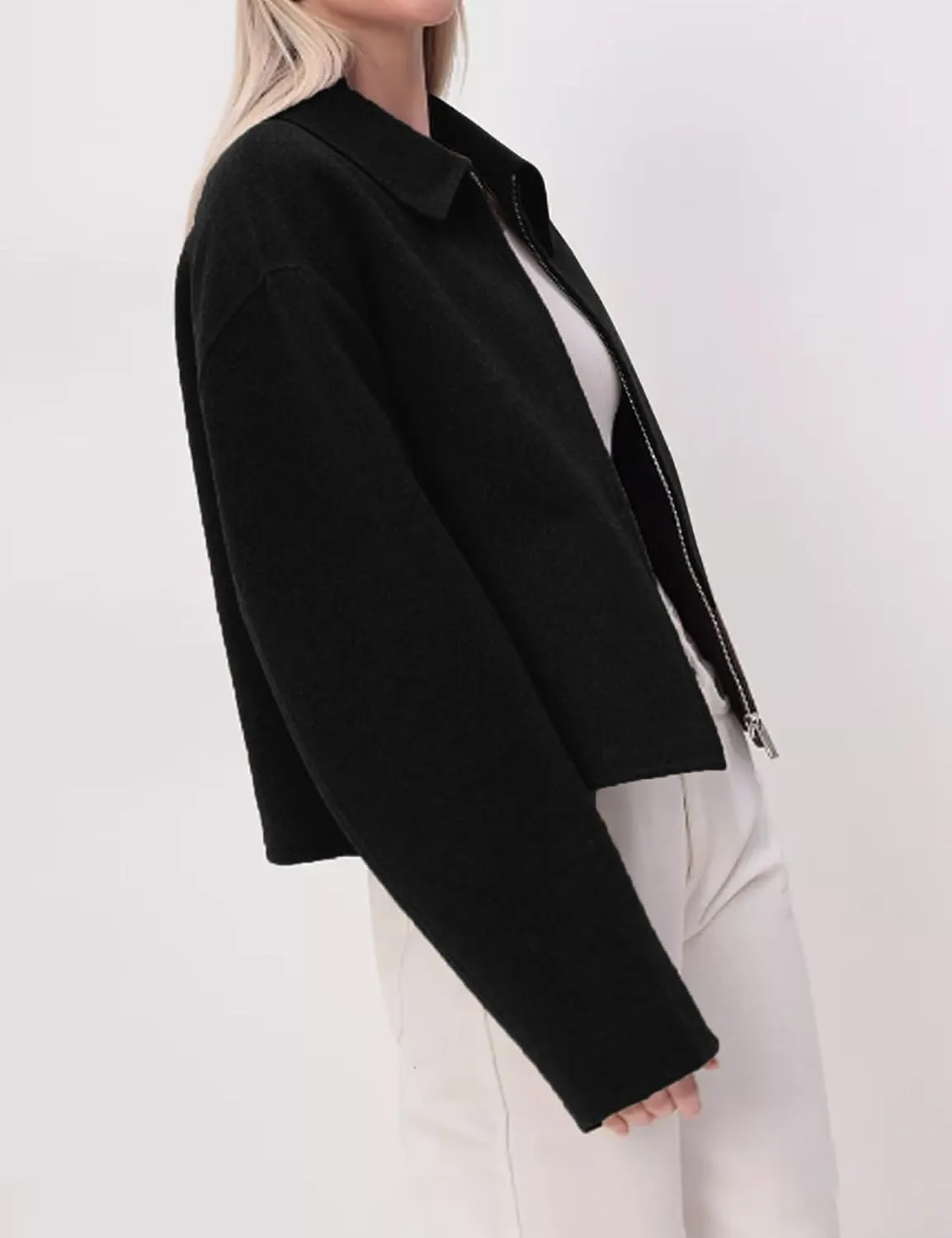 Womens Cropped Wool Jacket Warm Winter Fleece Bomber Jacket Zip Up Short Pea Coats with Pockets