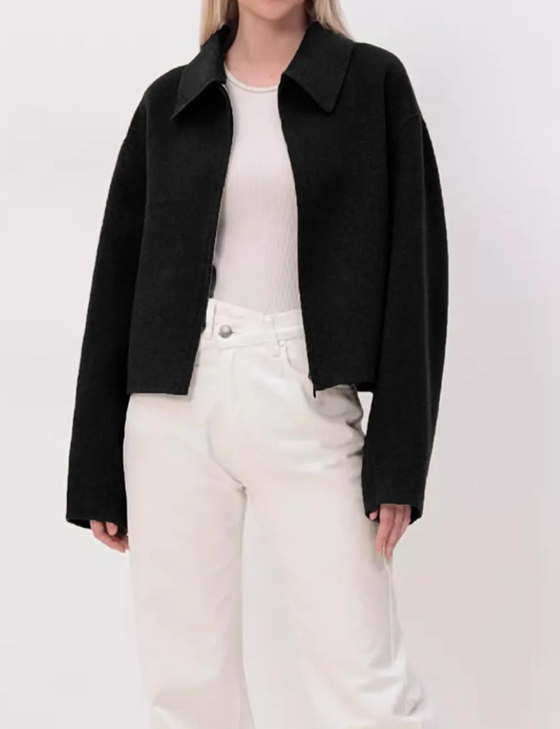Womens Cropped Wool Jacket Warm Winter Fleece Bomber Jacket Zip Up Short Pea Coats with Pockets