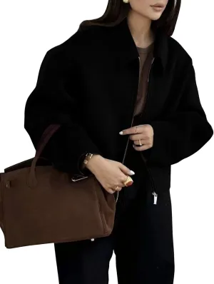 Womens Cropped Wool Jacket Warm Winter Fleece Bomber Jacket Zip Up Short Pea Coats with Pockets