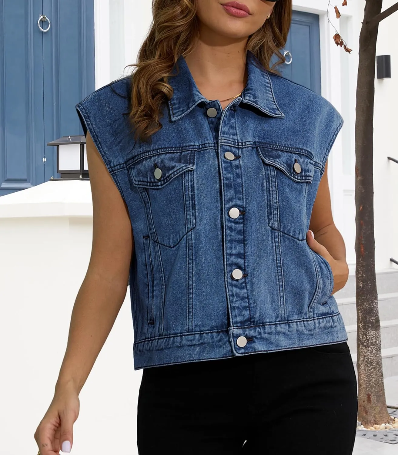 Womens Denim Jean Vest Classic Jean Vest Sleeveless Jackets with Pockets Button Down Jean Waistcoat Gilet