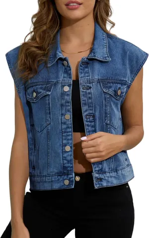 Womens Denim Jean Vest Classic Jean Vest Sleeveless Jackets with Pockets Button Down Jean Waistcoat Gilet