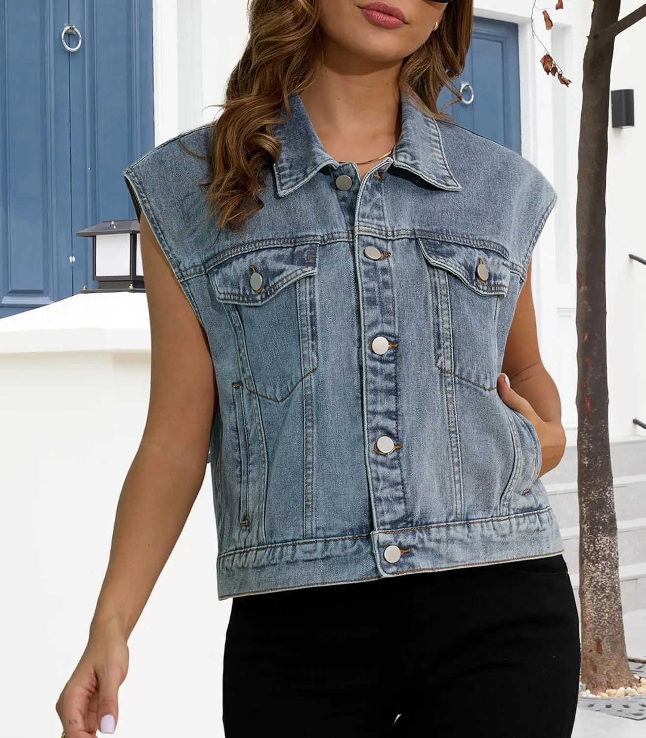 Womens Denim Jean Vest Classic Jean Vest Sleeveless Jackets with Pockets Button Down Jean Waistcoat Gilet