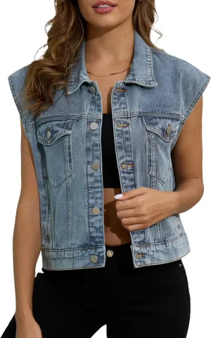 Womens Denim Jean Vest Classic Jean Vest Sleeveless Jackets with Pockets Button Down Jean Waistcoat Gilet