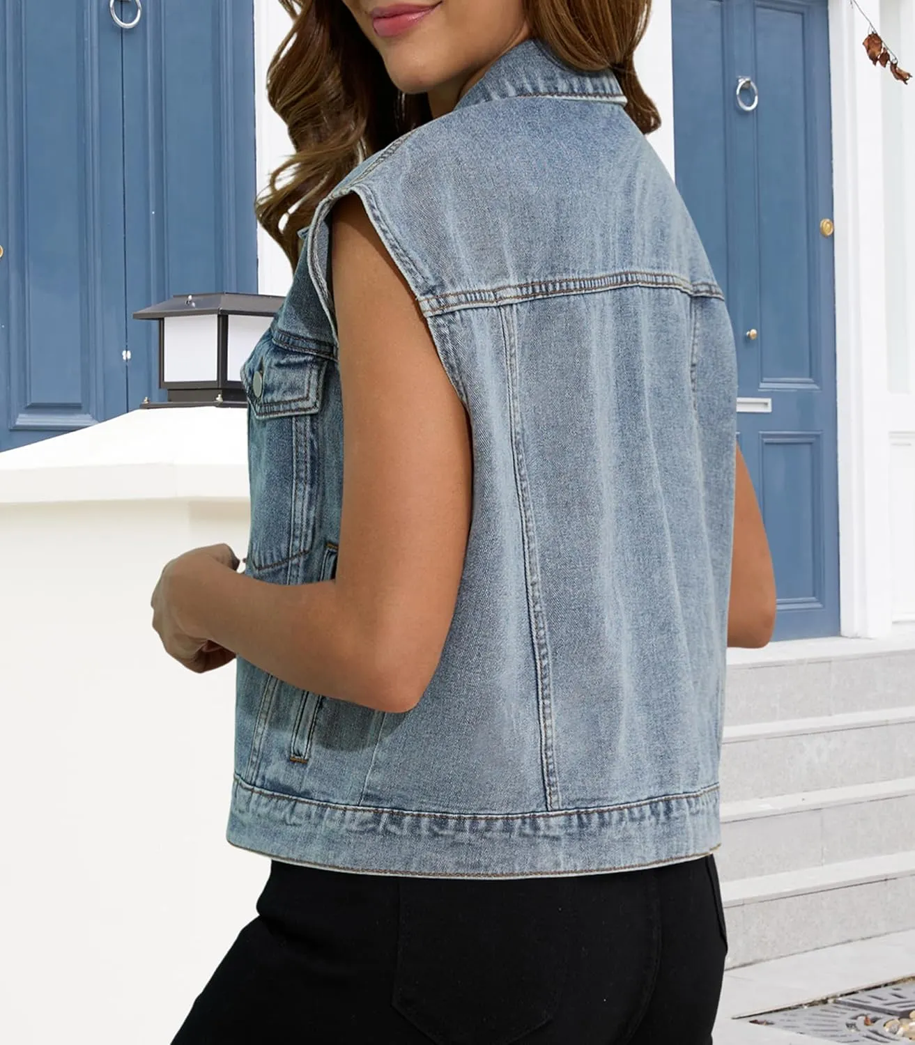 Womens Denim Jean Vest Classic Jean Vest Sleeveless Jackets with Pockets Button Down Jean Waistcoat Gilet