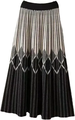 Women's Elastic High Waisted Striped Contrast Color Knitted Skirt Spring Autumn Elegant Pleated Midi Skirts