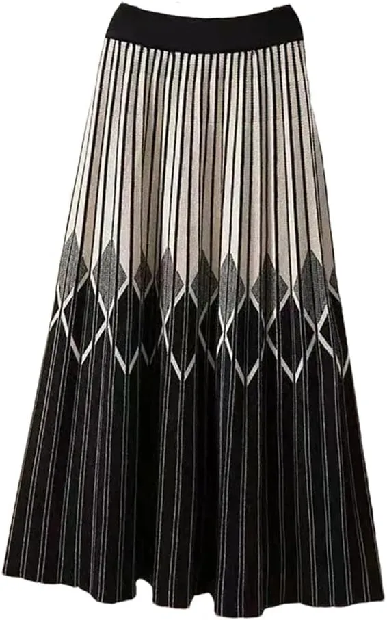 Women's Elastic High Waisted Striped Contrast Color Knitted Skirt Spring Autumn Elegant Pleated Midi Skirts