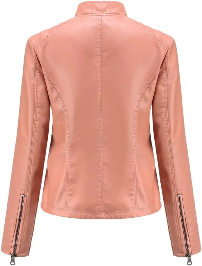 Womens Faux Leather Zip Up Long Sleeve Moto Biker Coat Classic Casual Collar Slim Bomber Short Coat Jackets
