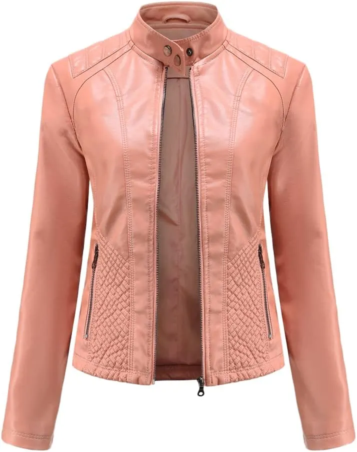 Womens Faux Leather Zip Up Long Sleeve Moto Biker Coat Classic Casual Collar Slim Bomber Short Coat Jackets