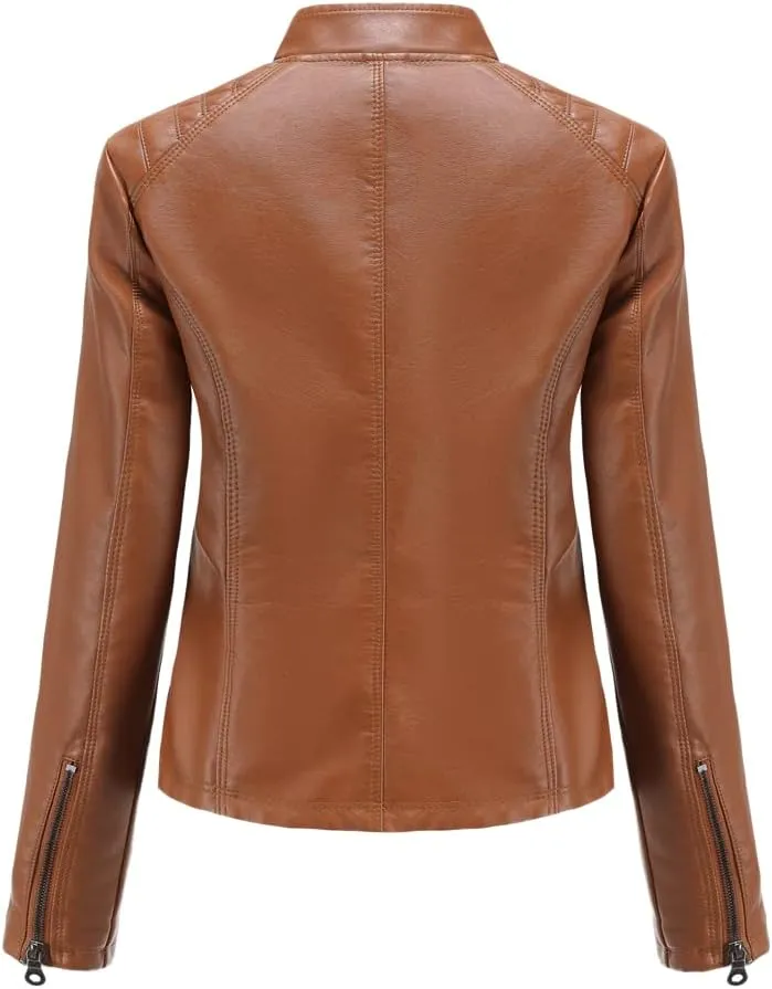Womens Faux Leather Zip Up Long Sleeve Moto Biker Coat Classic Casual Collar Slim Bomber Short Coat Jackets