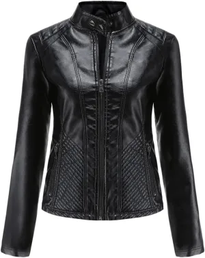 Womens Faux Leather Zip Up Long Sleeve Moto Biker Coat Classic Casual Collar Slim Bomber Short Coat Jackets