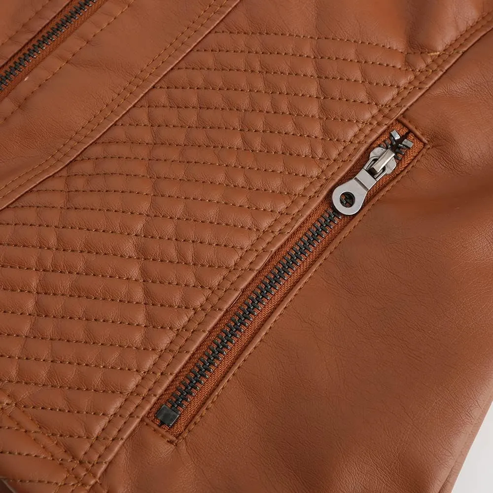 Womens Faux Leather Zip Up Long Sleeve Moto Biker Coat Classic Casual Collar Slim Bomber Short Coat Jackets