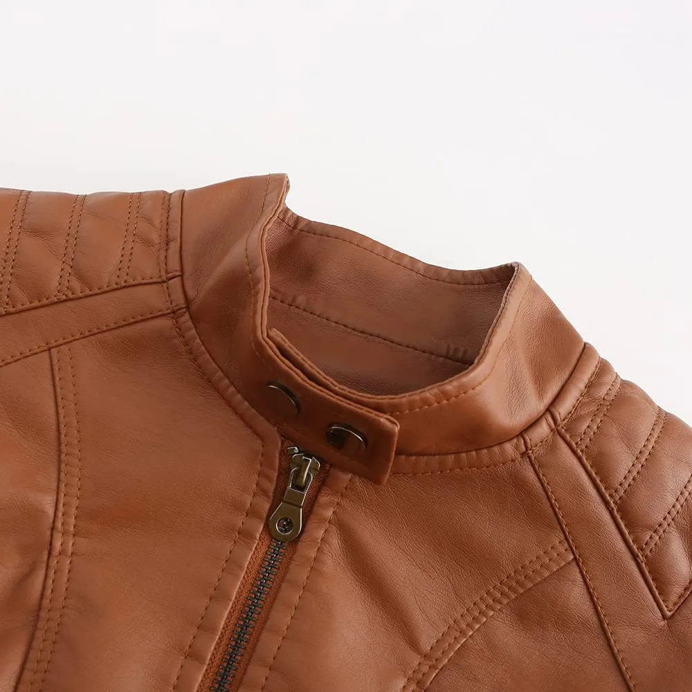 Womens Faux Leather Zip Up Long Sleeve Moto Biker Coat Classic Casual Collar Slim Bomber Short Coat Jackets