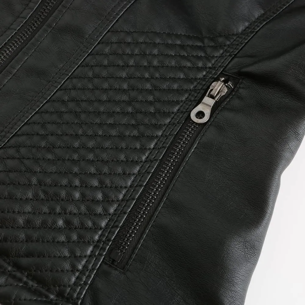 Womens Faux Leather Zip Up Long Sleeve Moto Biker Coat Classic Casual Collar Slim Bomber Short Coat Jackets
