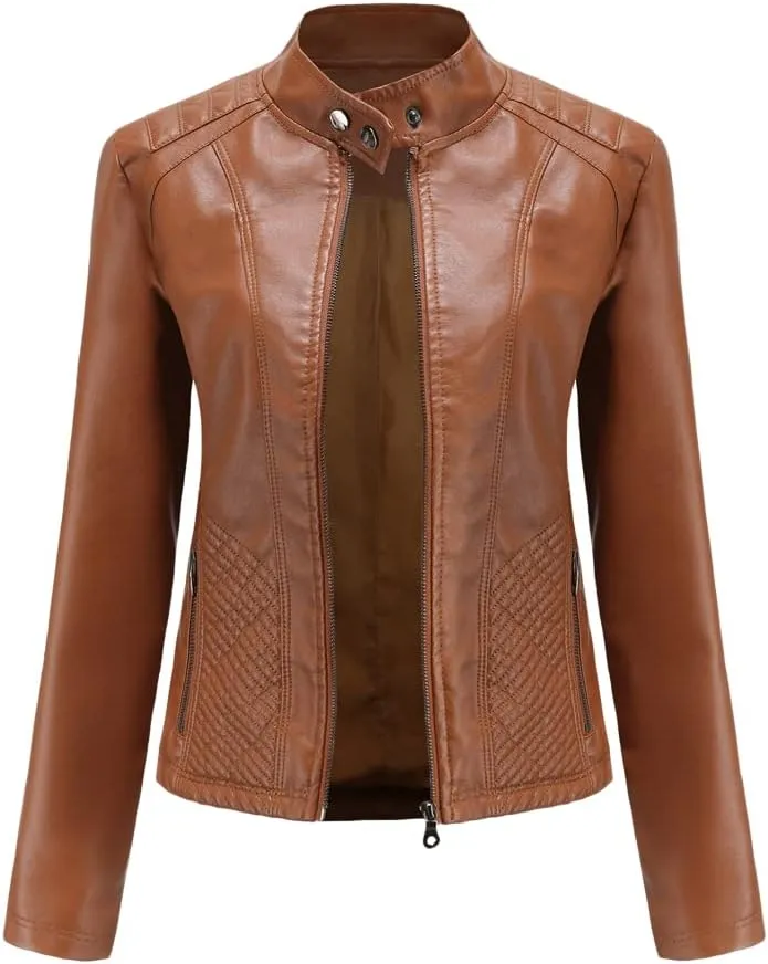 Womens Faux Leather Zip Up Long Sleeve Moto Biker Coat Classic Casual Collar Slim Bomber Short Coat Jackets