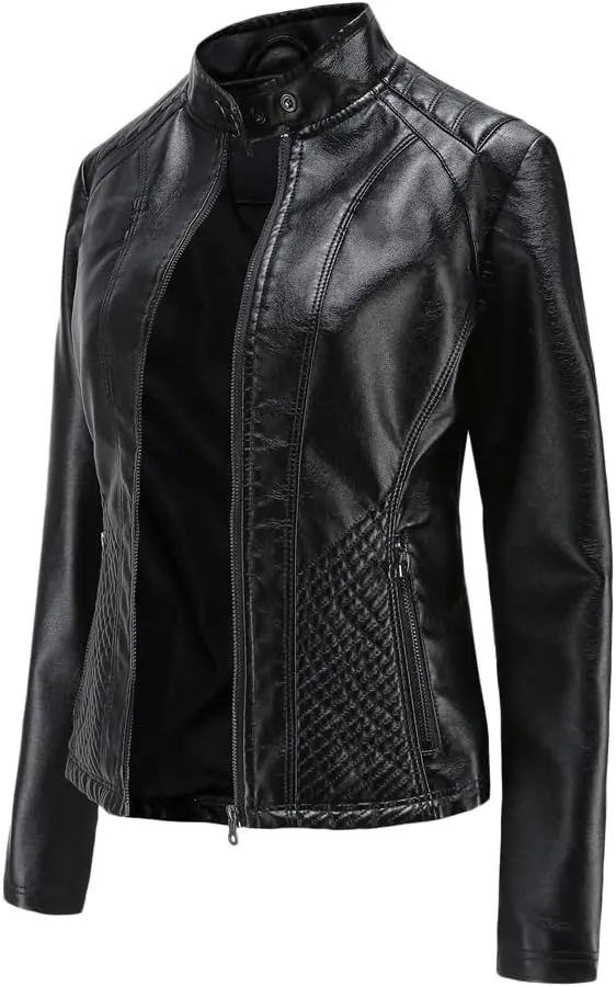 Womens Faux Leather Zip Up Long Sleeve Moto Biker Coat Classic Casual Collar Slim Bomber Short Coat Jackets