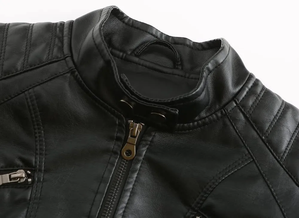 Womens Faux Leather Zip Up Long Sleeve Moto Biker Coat Classic Casual Collar Slim Bomber Short Coat Jackets