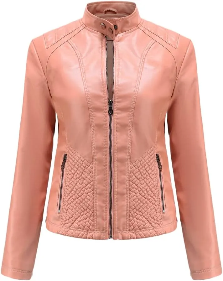 Womens Faux Leather Zip Up Long Sleeve Moto Biker Coat Classic Casual Collar Slim Bomber Short Coat Jackets