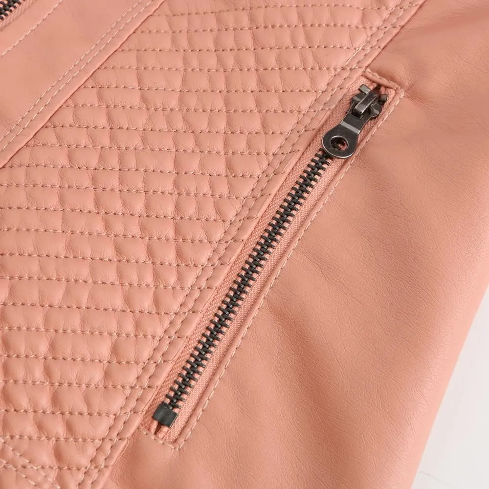 Womens Faux Leather Zip Up Long Sleeve Moto Biker Coat Classic Casual Collar Slim Bomber Short Coat Jackets