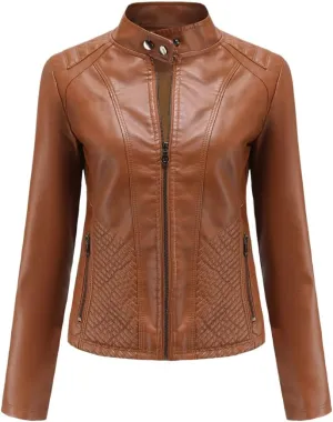 Womens Faux Leather Zip Up Long Sleeve Moto Biker Coat Classic Casual Collar Slim Bomber Short Coat Jackets