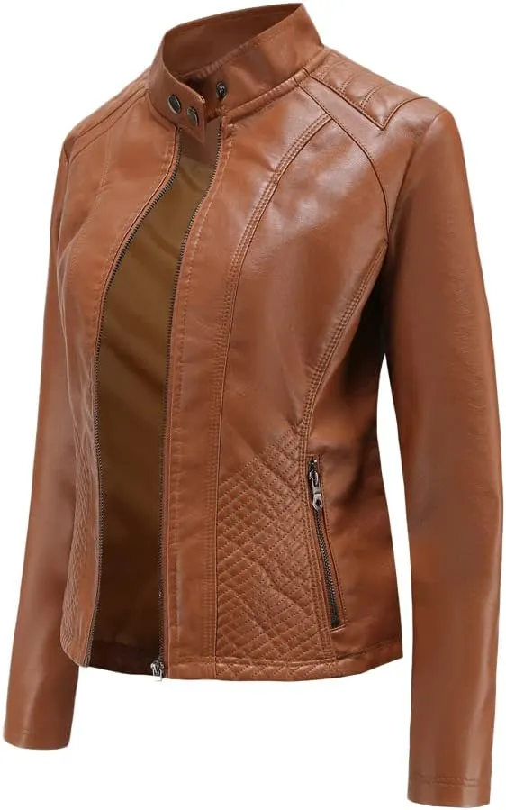 Womens Faux Leather Zip Up Long Sleeve Moto Biker Coat Classic Casual Collar Slim Bomber Short Coat Jackets