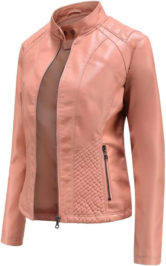 Womens Faux Leather Zip Up Long Sleeve Moto Biker Coat Classic Casual Collar Slim Bomber Short Coat Jackets