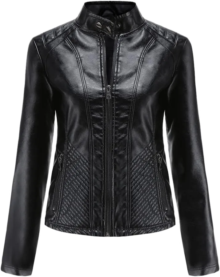 Womens Faux Leather Zip Up Long Sleeve Moto Biker Coat Classic Casual Collar Slim Bomber Short Coat Jackets