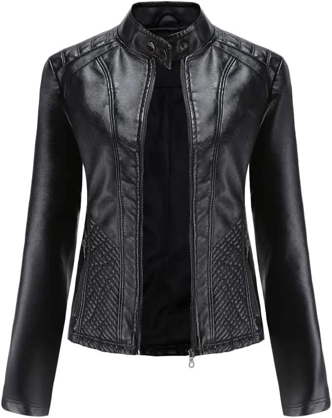 Womens Faux Leather Zip Up Long Sleeve Moto Biker Coat Classic Casual Collar Slim Bomber Short Coat Jackets