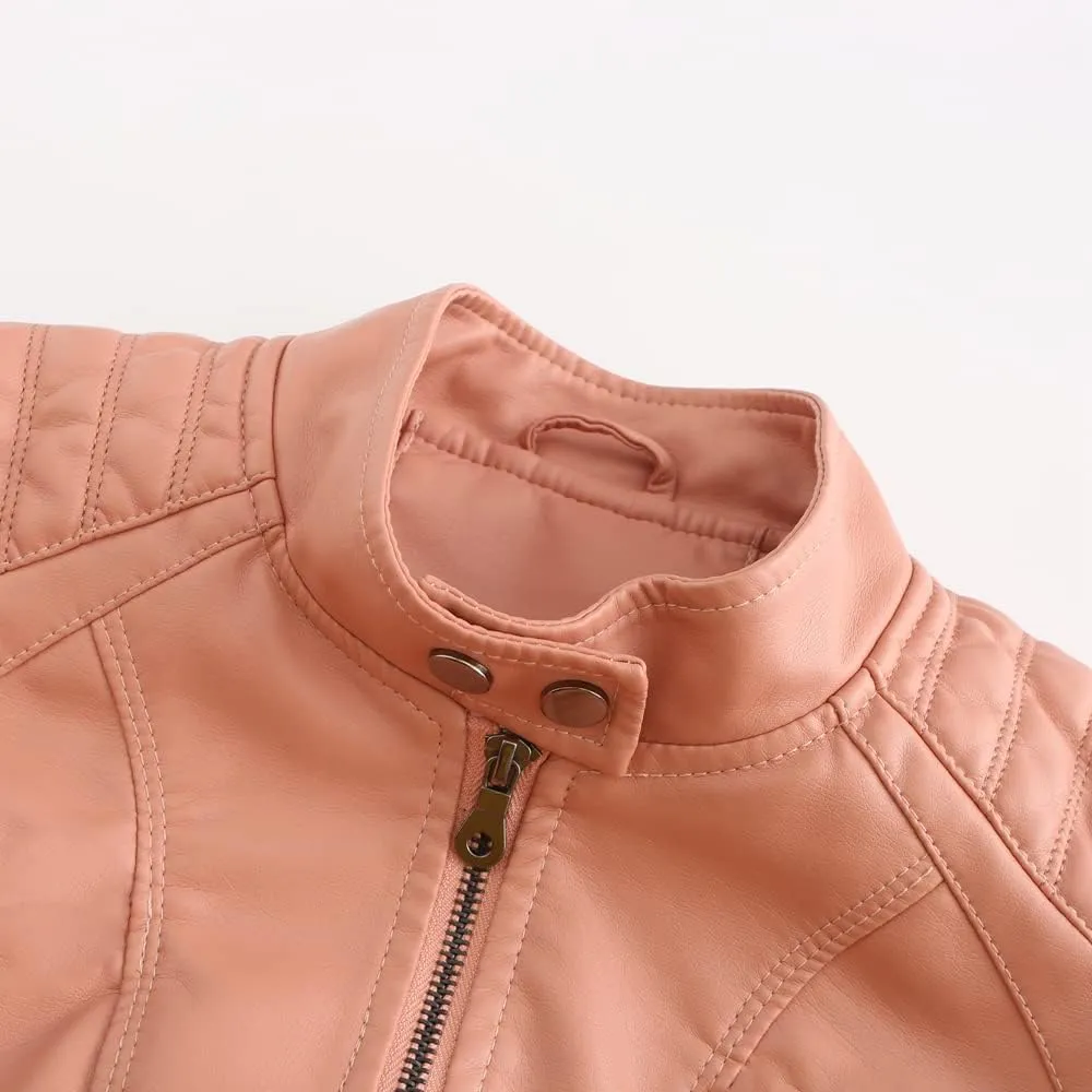 Womens Faux Leather Zip Up Long Sleeve Moto Biker Coat Classic Casual Collar Slim Bomber Short Coat Jackets