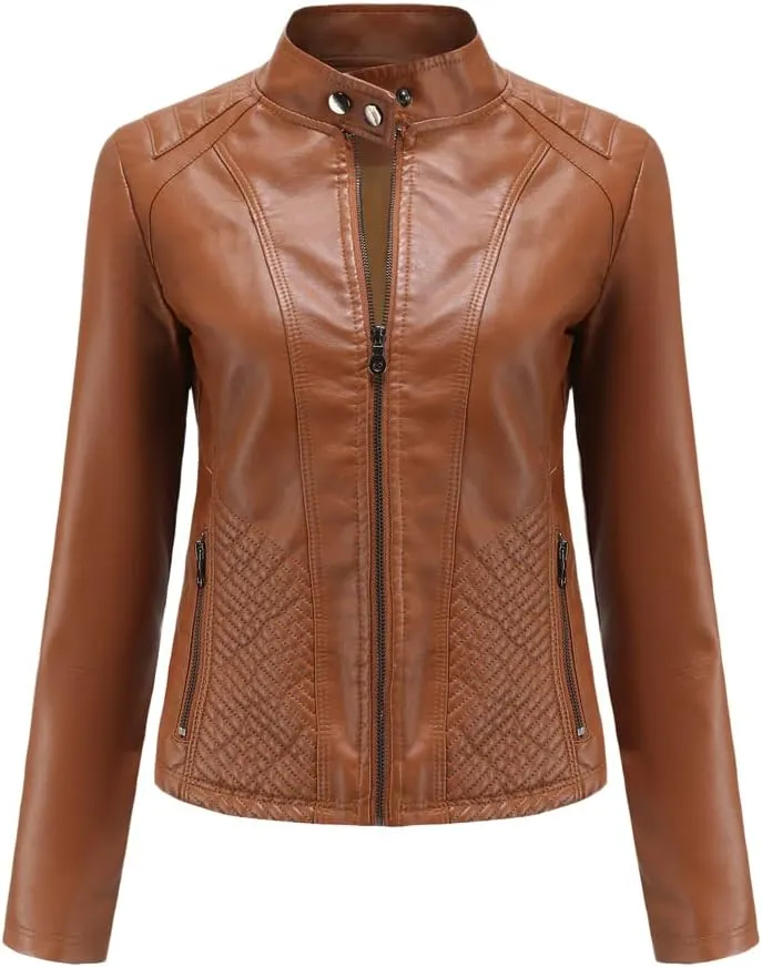 Womens Faux Leather Zip Up Long Sleeve Moto Biker Coat Classic Casual Collar Slim Bomber Short Coat Jackets