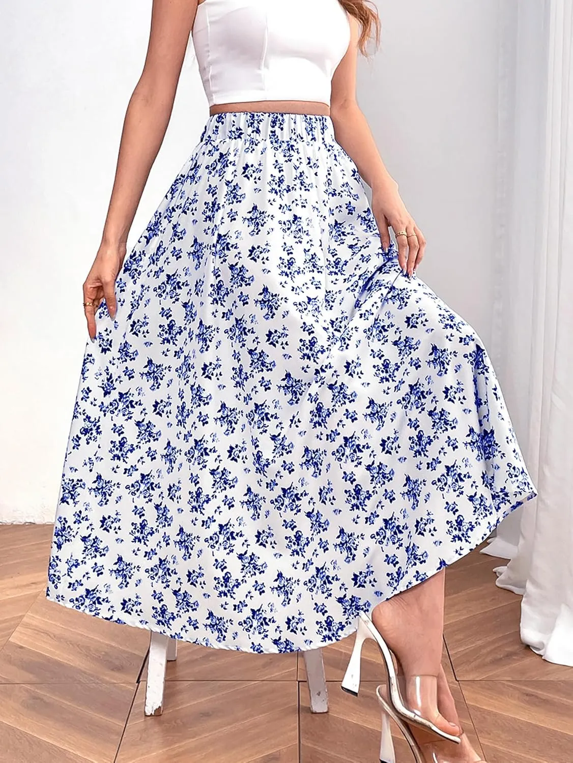 Women's Flowy Elastic High Waist Skirts Trendy Summer 2025 Boho Casual Beach Holiday Floral Print A Line Midi Skirt 802