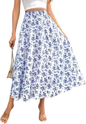 Women's Flowy Elastic High Waist Skirts Trendy Summer 2025 Boho Casual Beach Holiday Floral Print A Line Midi Skirt 802