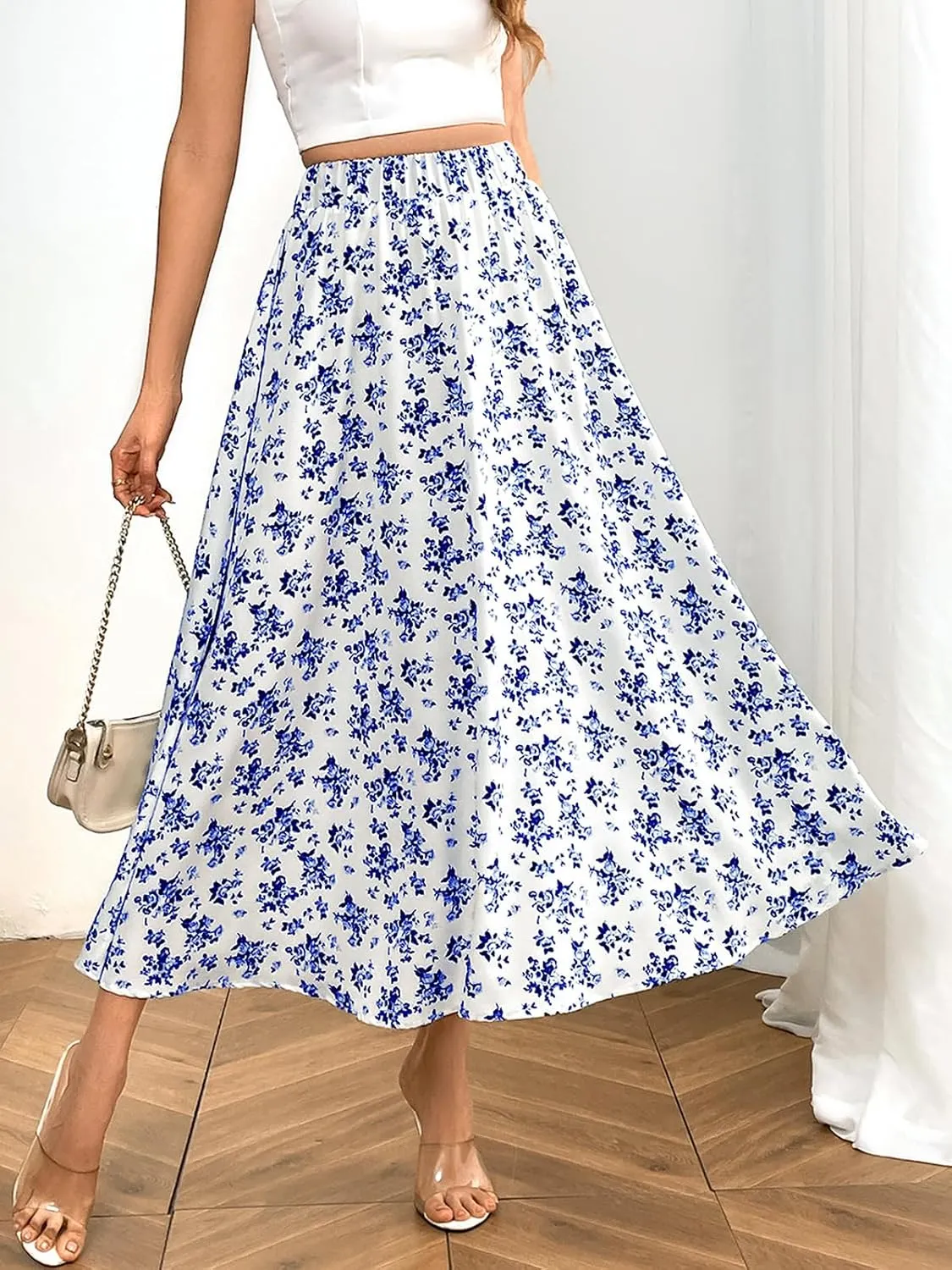 Women's Flowy Elastic High Waist Skirts Trendy Summer 2025 Boho Casual Beach Holiday Floral Print A Line Midi Skirt 802